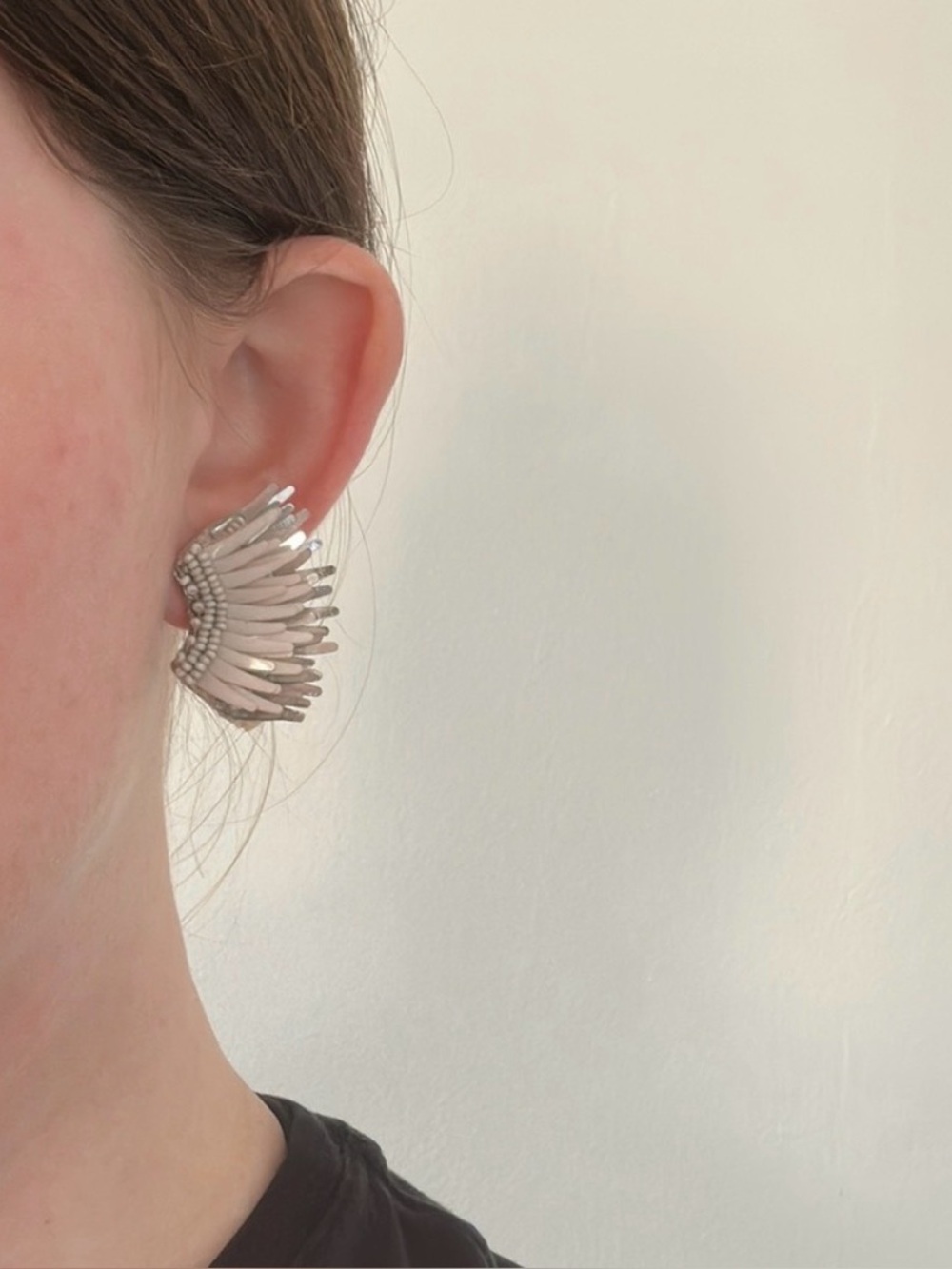 Tan/cream and silver mini Madeline wing earrings by Mignonne Gavigan